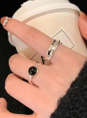 饰尚e族黑色锆石波浪戒指女小众设计几何不规则开口戒子食指指环