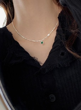 饰尚e族绿色锆石珍珠项链女韩版气质个性几何S925锁骨链创意网红