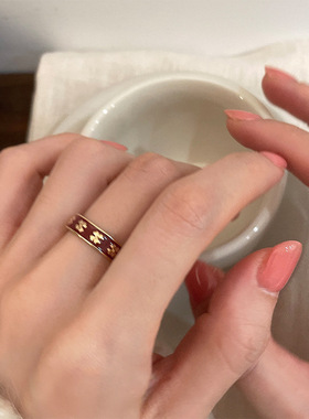 饰尚e族红色精致滴釉四叶花瓣戒指女轻奢时尚气质开口指环