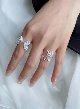 饰尚e族甜美蝴蝶戒指女小众设计树叶简约开口戒子指环轻奢高级感