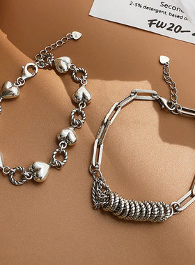 复古s925镀银爱心流苏手链女欧美小众设计冷淡风手环网红手串手饰