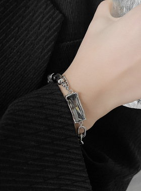 饰尚e族黑色冰晶锆石手链男女情侣时尚个性气质双层几何不规则手