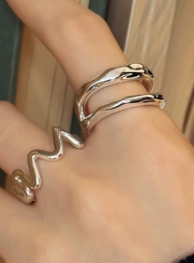 饰尚e族几何线条波浪戒指女双层百搭甜酷捶打纹理开口指环