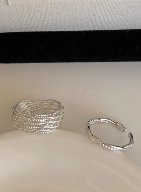 饰尚e族几何线条交叉麻花戒指女多层精致百搭S925镀银开口指环创