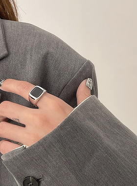 韩版几何方形黑色戒指女复古时尚创意嘻哈开口指环食指戒潮