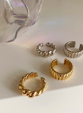 饰尚e族法式牛角包戒指女复古时尚几何竖纹开口指环嘻哈个