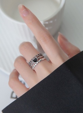 饰尚e族甜美精致黑色爱心戒指女多层时尚花边开口指环ins小众百搭