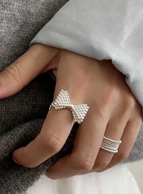 饰尚e族气泡立体蝴蝶结戒指女简约时尚几何多层线条S925镀银开口