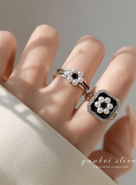 韩版方块珍珠戒指女复古时尚个性滴胶开口指环嘻哈食指戒