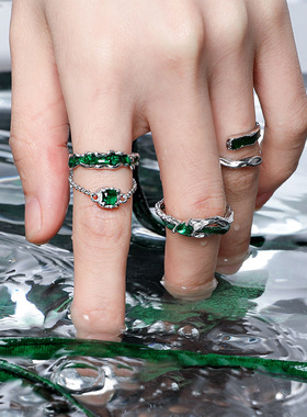 饰尚e族几何流苏绿色锆石戒指女复古时尚气质开口指环嘻哈