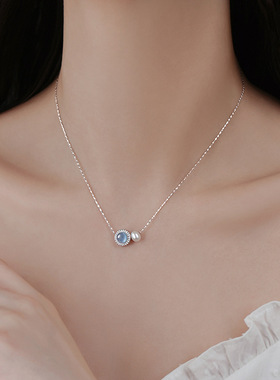 饰尚e族轻奢仿珍珠蓝色吊坠项链女简约时尚甜美百搭S925镀银锁骨