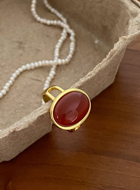 饰尚e族法式宫廷风红色锆石戒指女几何椭圆精致轻奢开口指