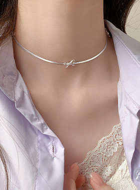 饰尚e族精致蝴蝶结蛇骨项链女简约冷淡风百搭甜美S925镀银锁骨链