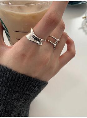 韩版S925镀银线条交叉戒指女复古几何不规则凹凸开口指环气质食指