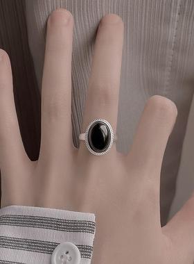 饰尚e族黑色椭圆仿玉石戒指女个性时尚高级感开口指环甜酷