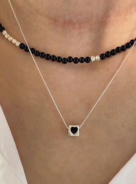饰尚e族黑色爱心滴釉项链女几何方块百搭时尚个性锁骨链in