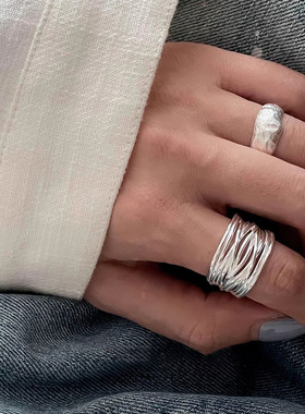 饰尚e族宽边几何线条缠绕戒指女磨砂雾面S925镀银开口指环个性创