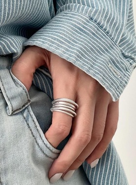 饰尚e族多层线条戒指女几何时尚螺旋麻花个性S925镀银开口指环甜