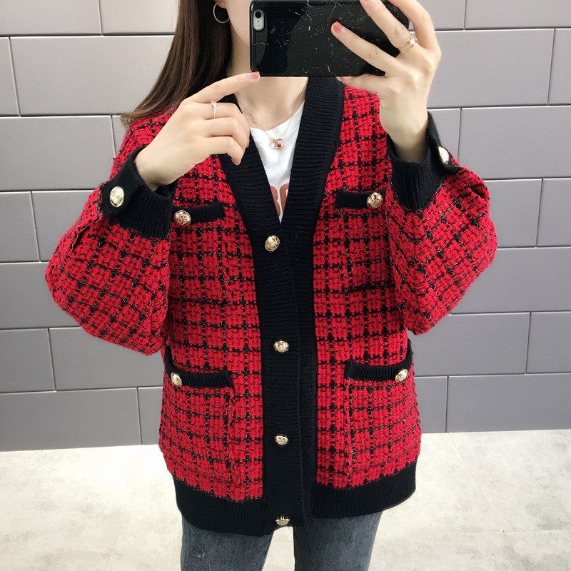 秋装2020宽松香风v领复古金扣毛衣 邻家思语短外套