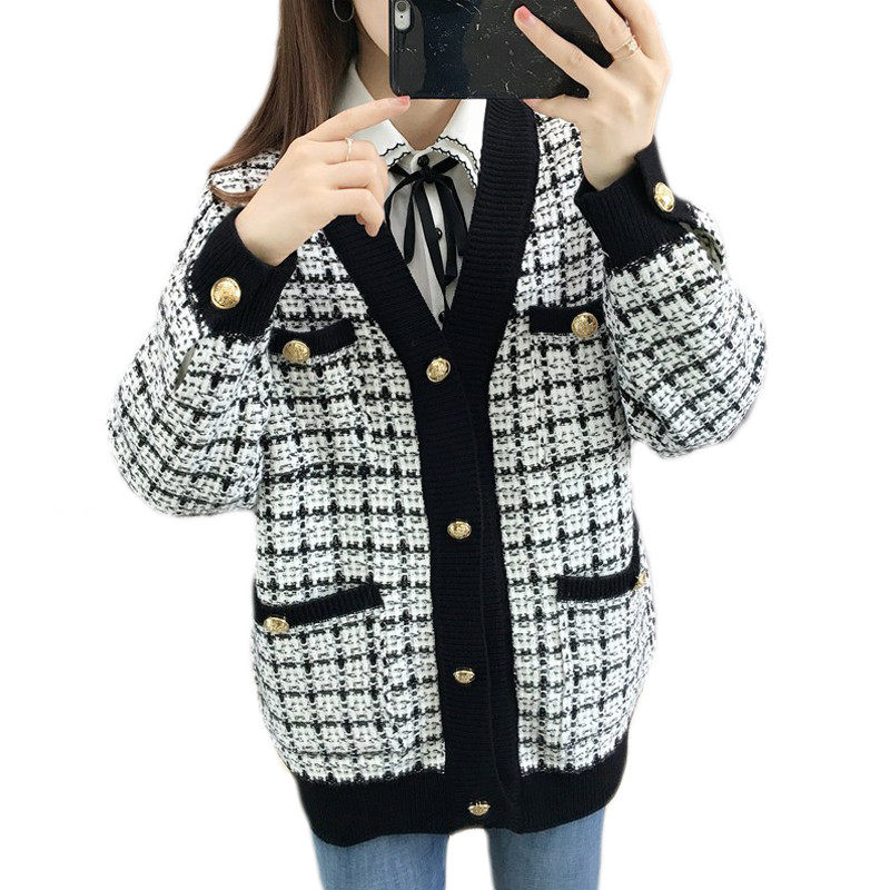 秋装2020宽松香风v领复古金扣毛衣 邻家思语短外套