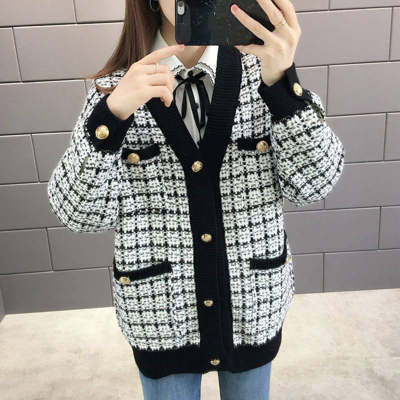 秋装2020宽松香风v领复古金扣毛衣 邻家思语短外套