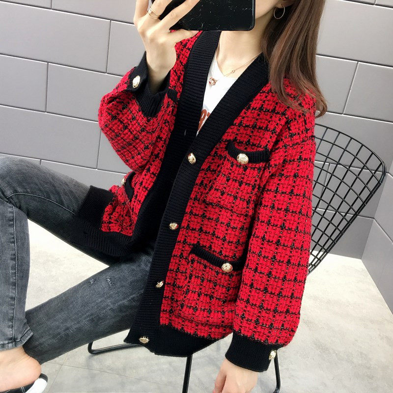 秋装2020宽松香风v领复古金扣毛衣 邻家思语短外套