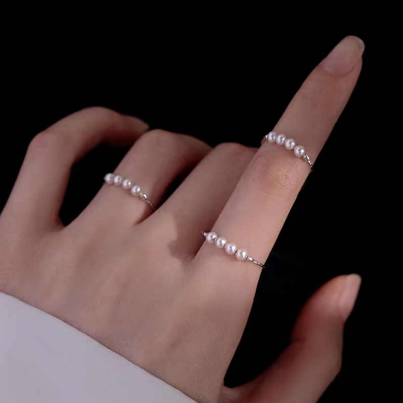 925纯银珍珠戒指素圈女食指戒指环夏小众设计感开口尾戒