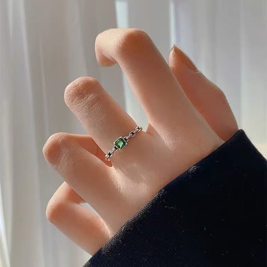 925纯银小方糖戒指女小众设计时尚绿色复古可调节方块食指戒指环