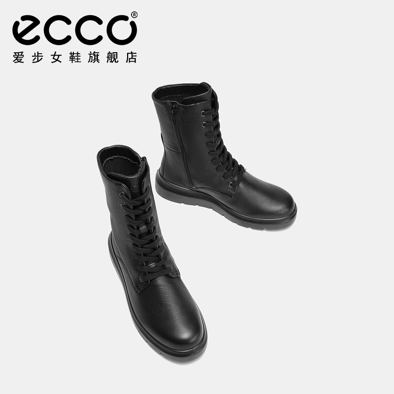 ECCO爱步马丁靴女款 秋冬真皮女靴保暖厚底中筒靴子 新潮216213