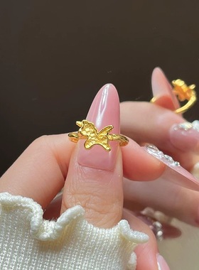 新款古法黄金色独角兽戒指