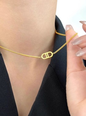 轻奢高级！18k包金小众设计感小香风猪鼻子项链女双D字母锁骨链