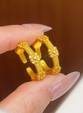 轻奢沙金桂花环四叶花开口女戒