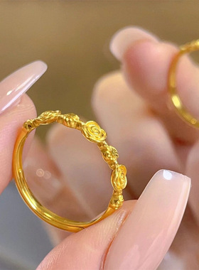 新款古法黄金色四季花戒指女高级感轻奢小众设计气质百搭食指戒子