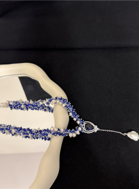 手工编织蓝色项链时尚气质珍珠女