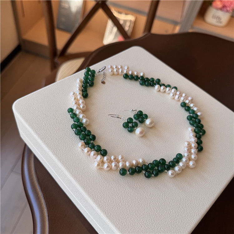 绿玉髓搭配淡水珍珠项链女耳环套装轻奢高级感手工编织锁骨链首饰,淘宝优惠券,粉丝福利购,淘宝优惠卷