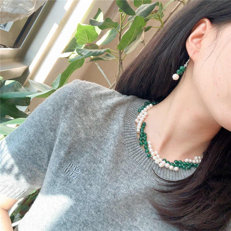 绿玉髓搭配淡水珍珠项链女耳环套装轻奢高级感手工编织锁骨链首饰,淘宝优惠券,粉丝福利购,淘宝优惠卷