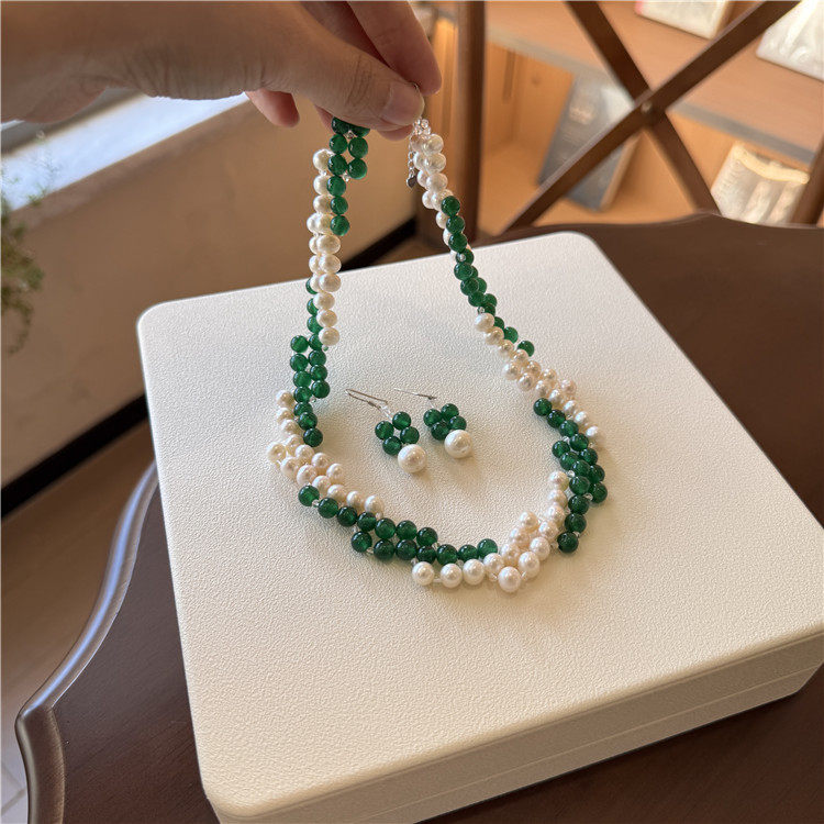 绿玉髓搭配淡水珍珠项链女耳环套装轻奢高级感手工编织锁骨链首饰,淘宝优惠券,粉丝福利购,淘宝优惠卷