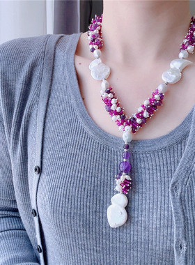 紫色设计款巴洛克珍珠毛衣链首饰