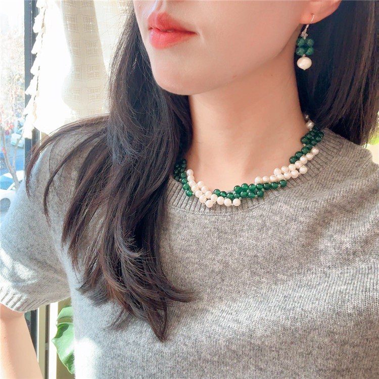 绿玉髓搭配淡水珍珠项链女耳环套装轻奢高级感手工编织锁骨链首饰,淘宝优惠券,粉丝福利购,淘宝优惠卷