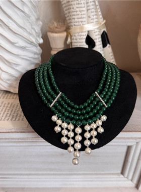 绿玉髓淡水珍珠多层流苏锁骨链女