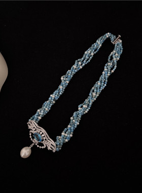 蓝色系多层卷链珍珠吊坠项链首饰