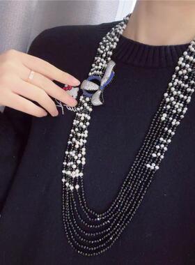 黑尖晶石高级感长款毛衣链轻奢女