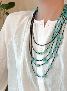 天河石镶嵌黑尖晶石多层毛衣链女