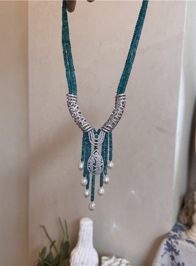 蓝色系高级感马来玉珍珠毛衣链女