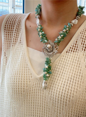 天然巴洛克异形珍珠绿色系项链女