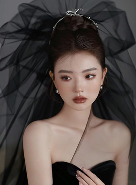 黑色头纱复古蓬蓬头纱万圣节手套