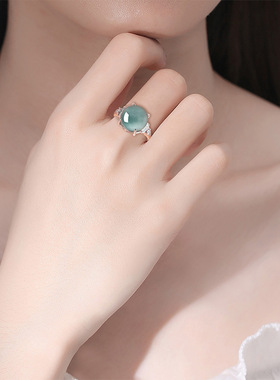 925纯银天然翡翠玉A货蓝水大蛋面戒指正品冰透玉石指环可调节