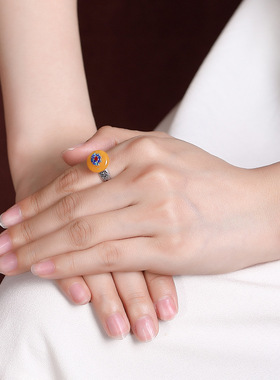 925纯银天然蜜蜡景泰蓝复古国潮莲花平安扣戒指可调节指环新款