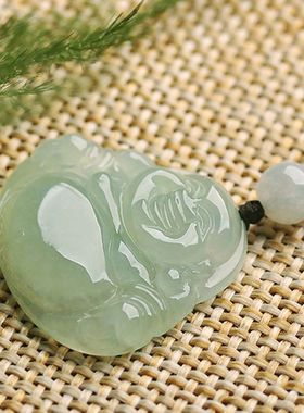 纯天然A货翡翠玉佛公项链玉佛笑佛弥勒佛挂件淡绿玉石高级礼物