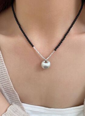 925纯银碎银平安锁福字黑玛瑙项链国潮做旧祥云男女颈链新款潮